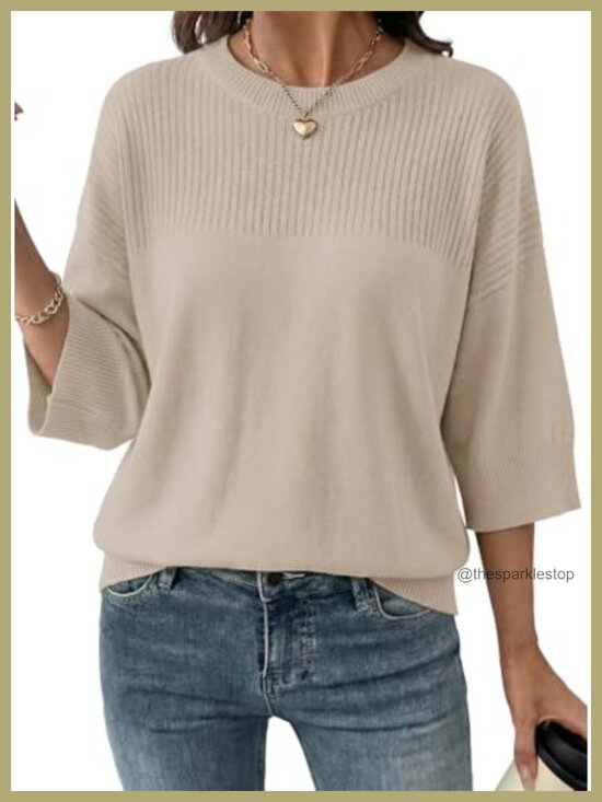 Sweaters - Oversized Cropped 3/4 Sleeve Pullover Sweater Women Viscose Knit Top